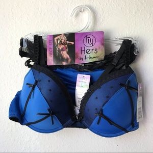 Lacy Bra & Thong Panty Blue Large Padded Bra 36B